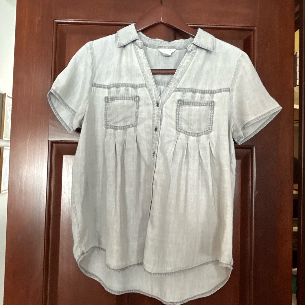 Intro. Lyocell Chambray Blouse Gray Short Sleeve PM
